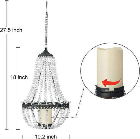 SUNNYPARK 27 Hanging Candle Lantern Outdoor, Battery Operated Modern Clear Acrylic Crystal Chandeliers with Flickering