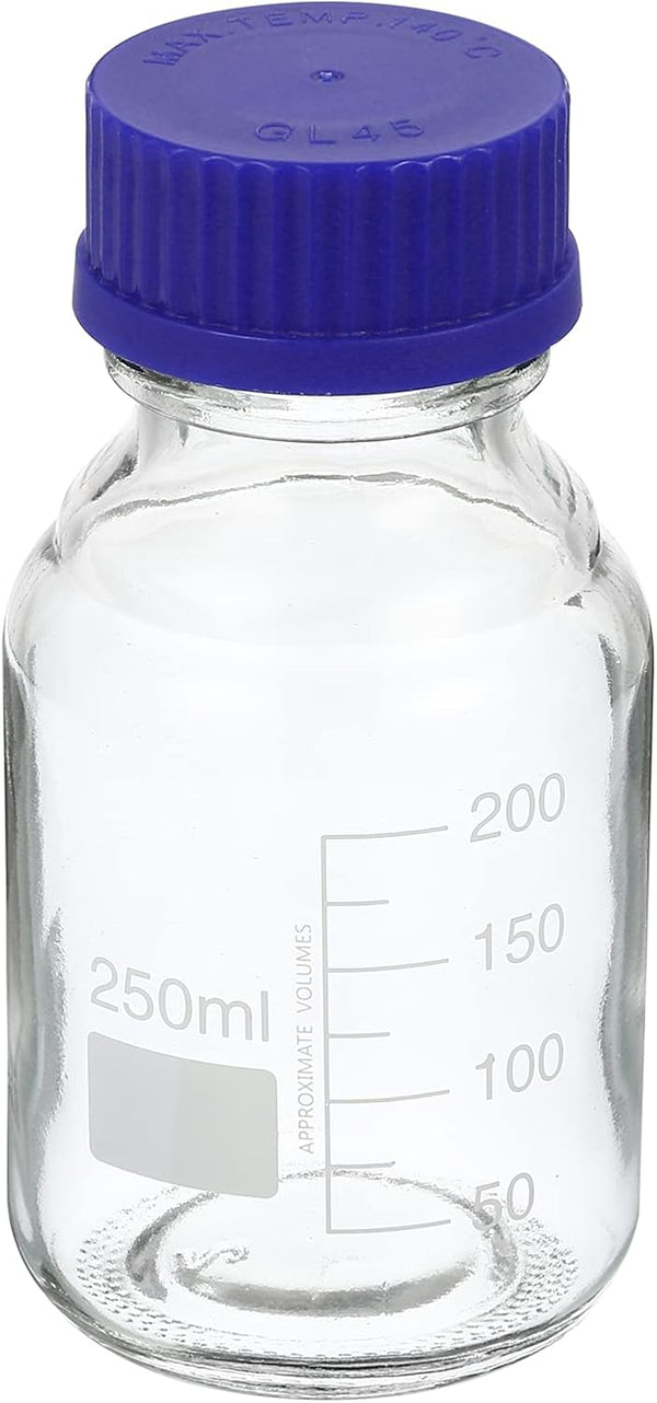 PATIKIL 250mL Round Graduated Glass Reagent Media Bottle with Blue Screw Cap for Chemistry Lab