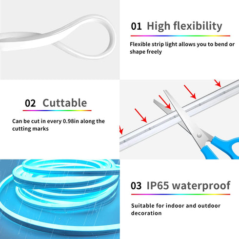 segrass 32.8ft IP65 24V LED neon Lights with Remote APP Control Waterproof Flexible Neon Strip Lights RGB Rope Lights