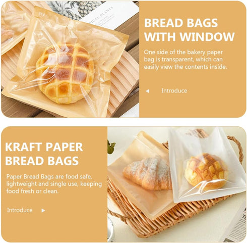 100pcs 21x25cm Packaging VALICLUD Kraft Paper Bread Bags with Oil-resistant Coating Bakery Pouches for Sandwiches