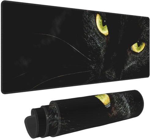 XL Cool Black Cat Gaming Mouse Pad, Large Non-Slip Rubber Mousepad, Long Extended 31.5'' x 11.8'' with Stitched Edges