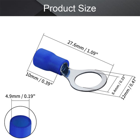 Fielect 100Pcs AWG16-14 Insulated Ring Terminals Connectors M8 Terminals Blue Electrical Wire Crimp Connectors