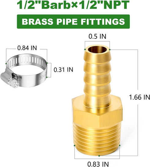 TAISHER 5 PCS Brass Hose Barb Fittings 1/2" (12.7mm) Barb x 1/2" MNPT Pipe Adapter with 5 Hose Clamps