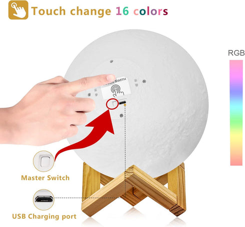 16 Dimmable, (5.9 inch) Set LOGROTATE Moon Lamp Colors, Rechargeable Lunar Night Light Full with Wooden Stand, Remote