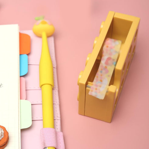 Cute Building Block Shape Tape Dispenser 10.7 x 5.2 x 4cm Plastic Stackable Label Roll Holder for School Office (Yellow)