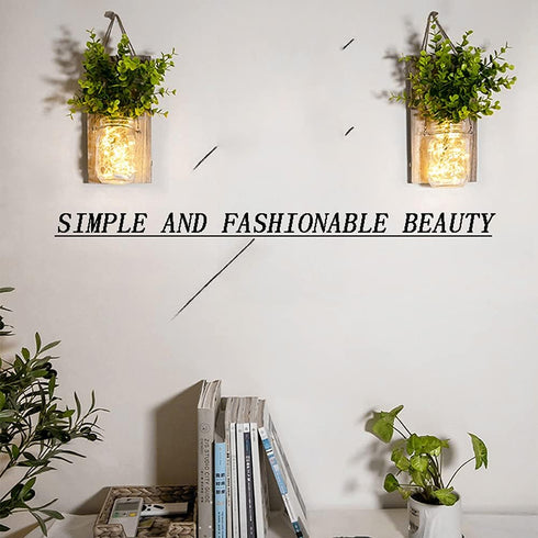 ECTY (2 Pack) Rustic Wall Sconces, Mason Jar Sconces, Farmhouse Home Decor, LED Fairy Lights, Green Fake Plant