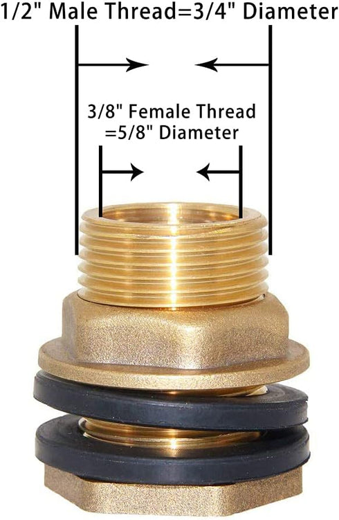 Joywayus 3/8" Female to 1/2" Male Solid Brass Water Tank Connector, Bulkhead Fitting with 2 Rubber Rings