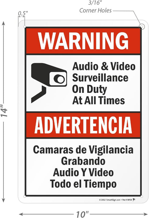 SmartSign-S-9392-AL-14 "Warning - Audio & Video Surveillance On Duty At All Times" Bilingual Sign | Aluminum 10" x 14"