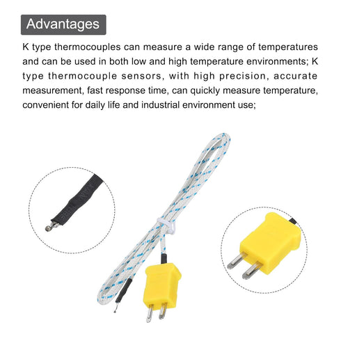 10pcs K Type Thermocouple Mini Connector Temperature Sensor Probes Fiberglass 3.3ft -50 to 400°C (-58 to 752°F) -