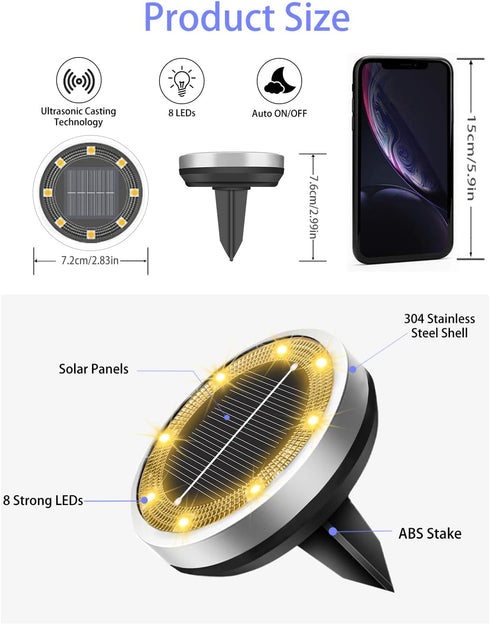 2 Pack 8 Solar Lights Outdoor Waterproof, LED, Thickened Stainless Steel Ground Light, Solar Garden Lights Landscape