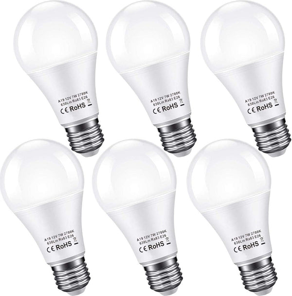 12V LED Light Bulb, 60W Equivalent E26, 7W 630Lm, 12 Volt Low Voltage Lights, 6 Pack 2700K Warm White