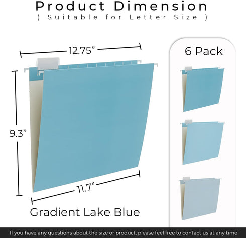 Y YOMA 6 Pack Gradient Hanging File Folders - Decorative Letter Size Folder Organizer for Filing Cabinet, Lake Blue