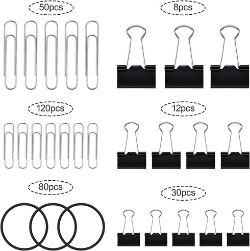 Binder Clips Paper Clips, Sopito 300pcs Office Clips Set with Paper Clamps Paperclips Rubber Bands for Office and School Supplies, Assorted Sizes Black