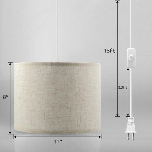 KUAUGST 15 Plug in Pendant Light, FT Hanging Lamp with Plug in Cord, On/Off Switch, Pendant Lighting with Fabric Shade