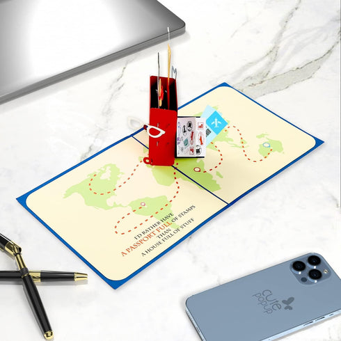 CUTE POPUP Enchanting Travel Pop Up Card - Premium Italian Paper Handcrafted 3D Greeting Card, Mesmerizing Passport