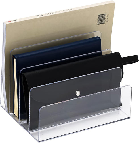Sooyee File Organizer for Desk, Mail Organizer Countertop,4-Section File Holder for Home Office,Book Organizer,Acrylic Desk Organizer for Letter, Document, Notebook, Binder, Purse, Palette,Clear by Sooyee