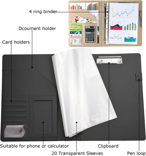 Enyuwlcm PU Leather Padfolio Ring Binder - Clipboard Resume Leather Portfolio with 20 Clear Plastic Sleeves, Black