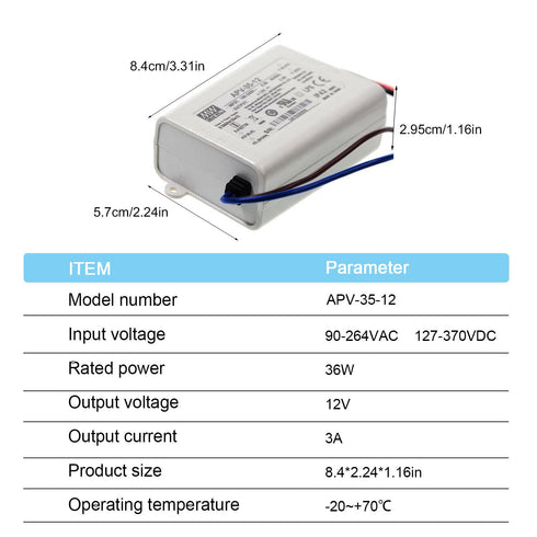 DineDeck APV-35-12 36W 12V 3A Single Output Switching Power Supply - Universal AC Input, Short Circuit Protection