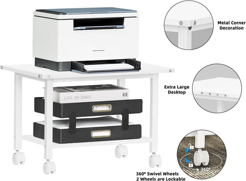 Lerliuo Under Desk Printer Stand, 2-Tier Mobile Printer Table with Storage Shelf and Lockable Wheels (White)
