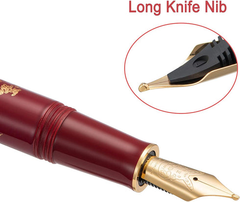 N23 Set HONG DIAN Red Rabbit Fountain Pen, Long Blade Medium Nib Gold Trim, New Year Lucky Rabbit Carving Design