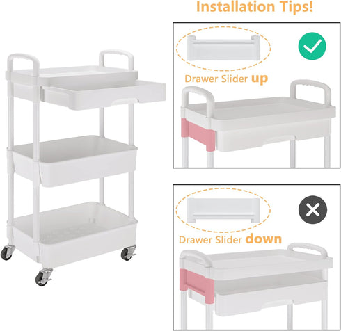 Calmootey 3-Tier Rolling Utility Cart with Drawer, Multifunctional Storage Organizer for Kitchen, Bathroom, Office
