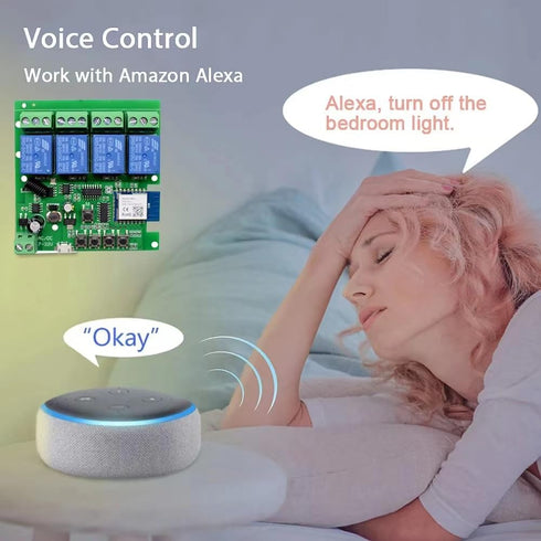 Tuya Smart Life WiFi Momentary Inching Relay Module, 4CH Smart Life, DC 7-32V/USB 5V, Compatible with Alexa Google Home