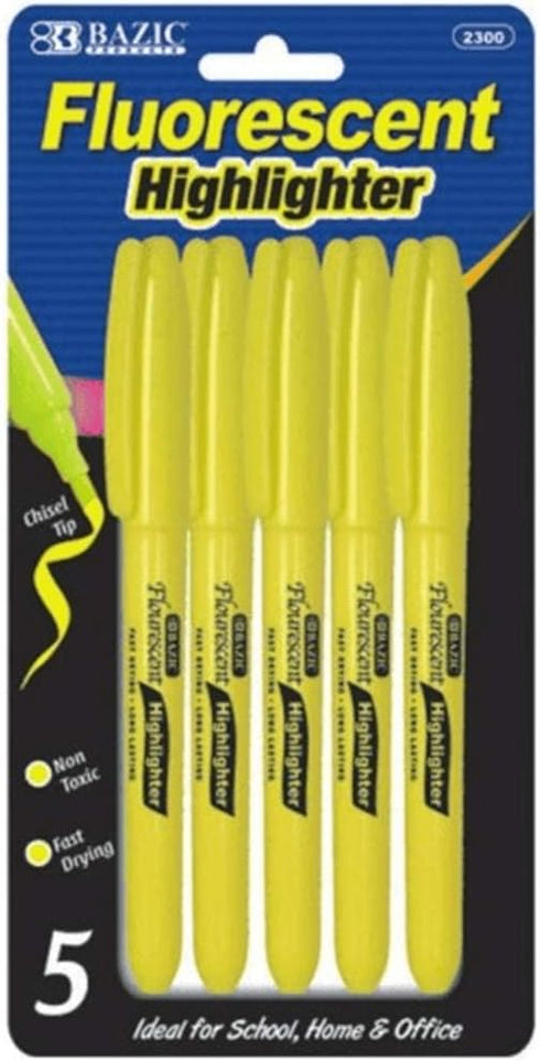 BAZIC Yellow Pen Style Fluorescent Highlighter with Pocket Clip