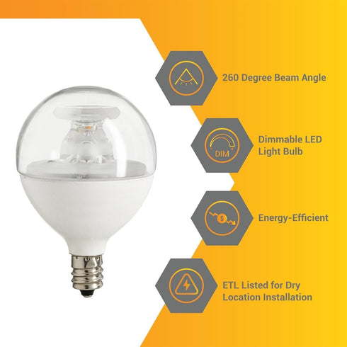 G16.5 Bulb Dimmable 7W (60W 500 E12 2700K Pack 3 Diodesy- LED Light Type G Clear Globe Shape Equivalent) Lumens