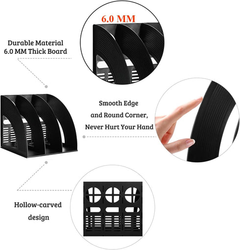 Marte Vanci 2 Pcs Magazine File Holder, Black Plastic Desktop Organizer, Sturdy Vertical 3 Section Folder