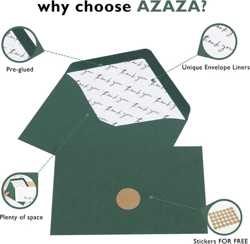 50 4 6 AZAZA PK Thank You Cards with Envelopes,Green Envelopes and Gold Stickers Thank You Notes,Minimalistic Thank You