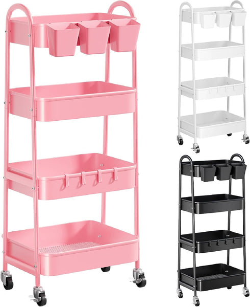 Recximi 4 Tier Rolling Cart Metal with Lockable Wheels, Four Tiered Pink Trolley