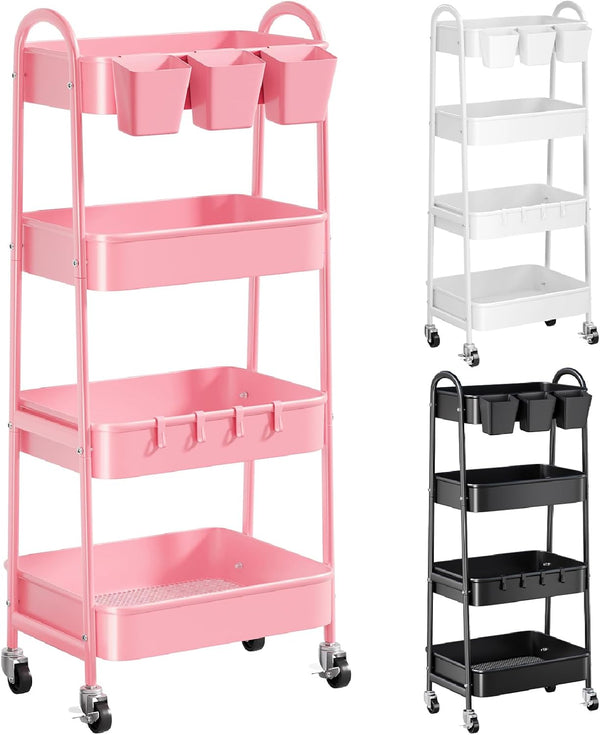 Recximi 4 Tier Rolling Cart Metal with Lockable Wheels, Four Tiered Pink Trolley