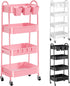 Recximi 4 Tier Rolling Cart Metal with Lockable Wheels, Four Tiered Pink Trolley
