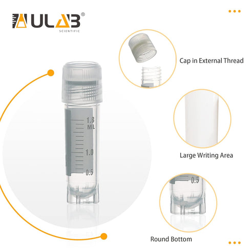 ULAB 50pcs 2ml Cryotubes Small PP Cryo Vials with Screw Caps, Electron Beam Sterilization, Free from DNase & RNase,