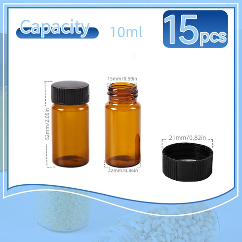 15 PCS 10ML Amber Small Liquid Sample Glass Vials with Screw Caps, Leak-Proof Vial for Lab, Essential Oil