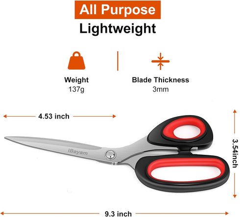 iBayam All Purpose Scissors, 9.3 Inch Heavy Duty Stainless Steel for Cutting Fabric, Leather, Metal