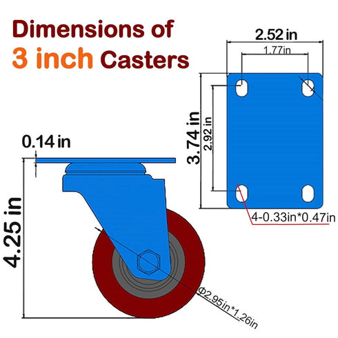 3 inch Heavy Duty Casters Load 2000lbs, Lockable Bearing Plate Wheels with Brakes, Set of 4