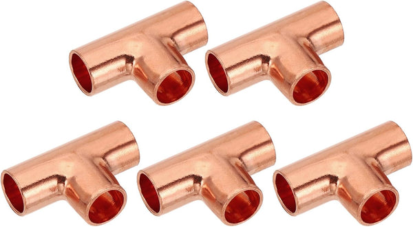 PATIKIL 3/8" ID 1mm Thick Tee Copper Fitting, 5pcs 99.9% 3 Way Pure Copper for Plumbing HVAC