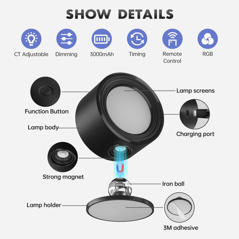 Racokky 3000mAh, 3 Dimmable 360 LED Wall Lights with Remote, RGB Rechargeable Wall Mounted Reading Sconces Lamp Colors