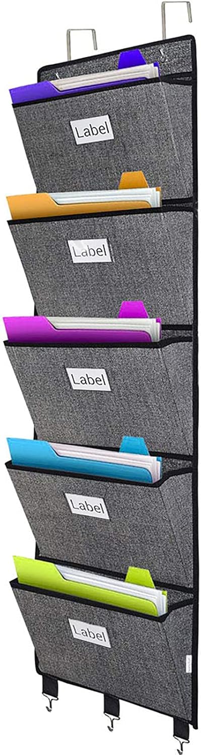 homyfort Over the Door File Organizer with 5 Extra Large Pockets, Hanging File Folders for Mail, Notebooks, Black with