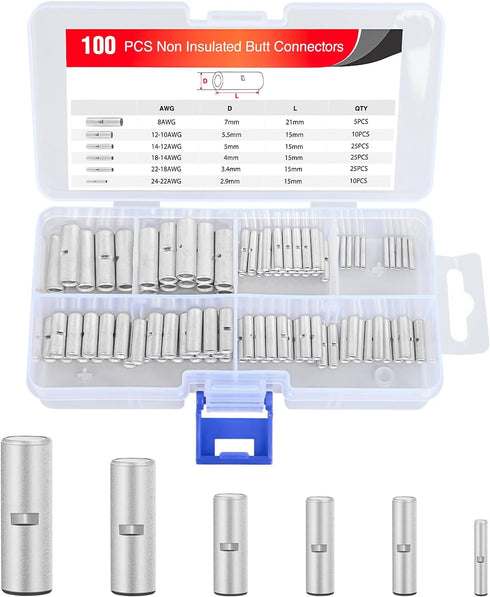 Nilight 100PCS Non Insulated Butt Connectors Kit AWG 24-8 Uninsulated Crimp Butt Connectors for Motorcycle