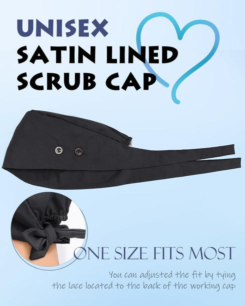 2 4 Pcs Satin Lined Scrub Cap Nurse Hats for Women Men Buttons