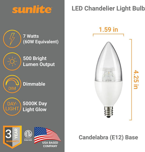 B13 Bulb, 7 (60W=), 500 120 Dimmable, E12 90 Title-20, 5000K 6 Pack Sunlite LED Decorative Chandelier Light Watts