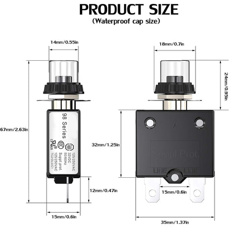Thermal Circuit Breaker, 98 Series 40A 125/250VAC Push-Button Reset with Quick Connect Terminals and Waterproof Button