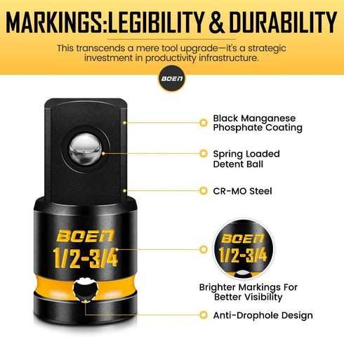 8-Piece Set, 1/4, 3/8, 1/2", 3/4", BOEN Impact Socket Adapter & Reducer Cr-Mo Steel Impact Driver & Wrench Conversion