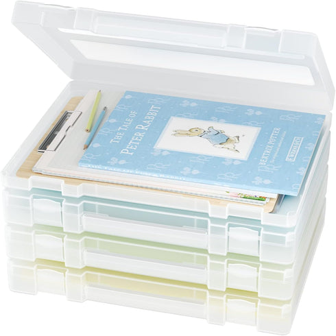 Denkee 4 Pack Large Thick Durable A4 File Portable Project Case, Plastic Scrapbook Storage Box for Office Supplies