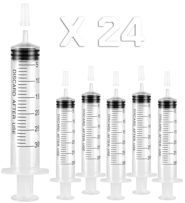 24 Pack Plastic 30ml Syringes with Cap, Sterile Individually Packaged for Labs, Liquid Measuring, Feeding Pets, Oil