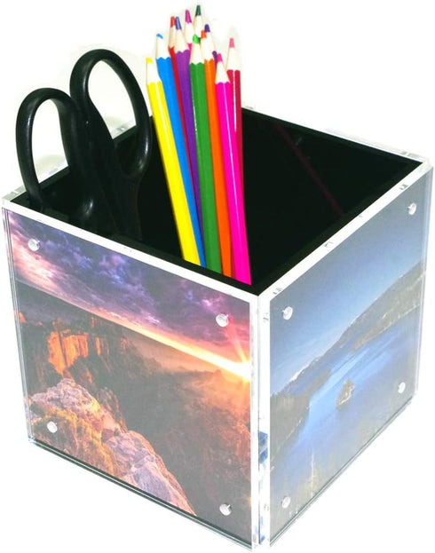 HESIN Acrylic Photo Block Cube Pen Holder, 4-Side Desktop Storage Organizer for Office, Home, Kids, 5" x 5" Photo Frame