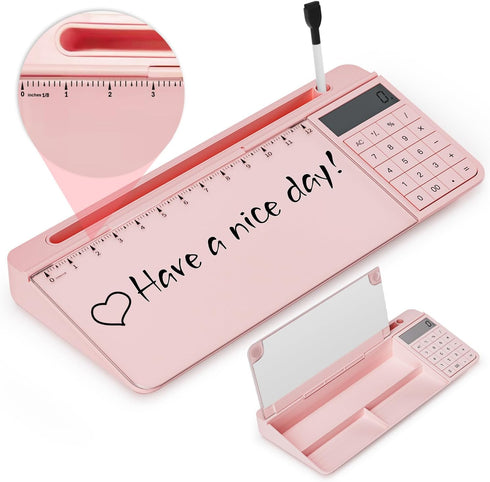 Desktop Glass Whiteboard with Mirror & Calculator (12 Digit LCD Display) & Ruler Marker, Tilted Keyboard Stand, Pink