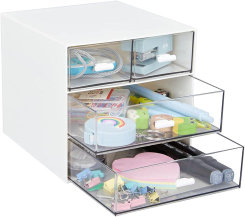 LETURE Desk Organizer with 4 Drawers, Clear Plastic Storage Box for Office Supplies and Stationery